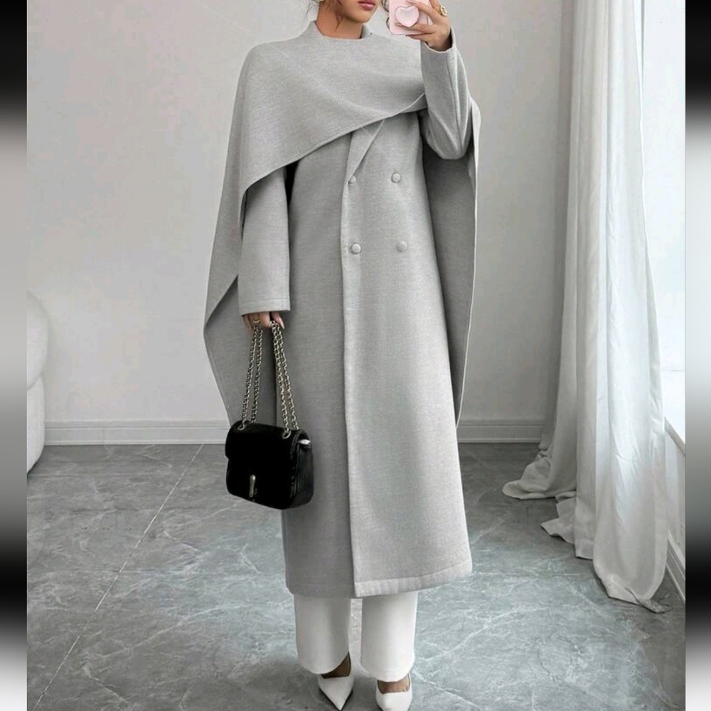 Women's Solid Color Double-Breasted Long Coat & Cape Two Pieces Set